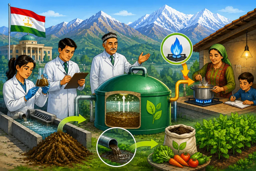 Ilmuwan Tajikistan sukses mengubah limbah menjadi biogas, energi bersih, dan pupuk organik berkelanjutan bagi masyarakat pedesaan. (Ilustrasi: ChatGPT).